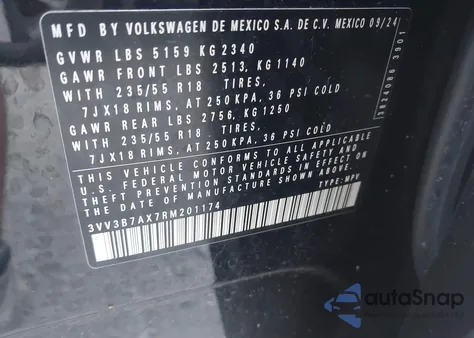 2024 Volkswagen Tiguan 2.0T Se/2.0T Wolfsburg Edition из США, поврежденный, VIN 3VV3B7AX7RM201174